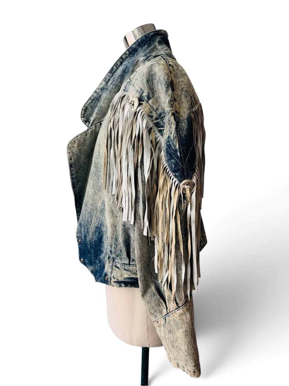 Vintage 80s Distressed Acid-Wash Fringe Denim Jacket - White Fringe - Picture 2 of 3